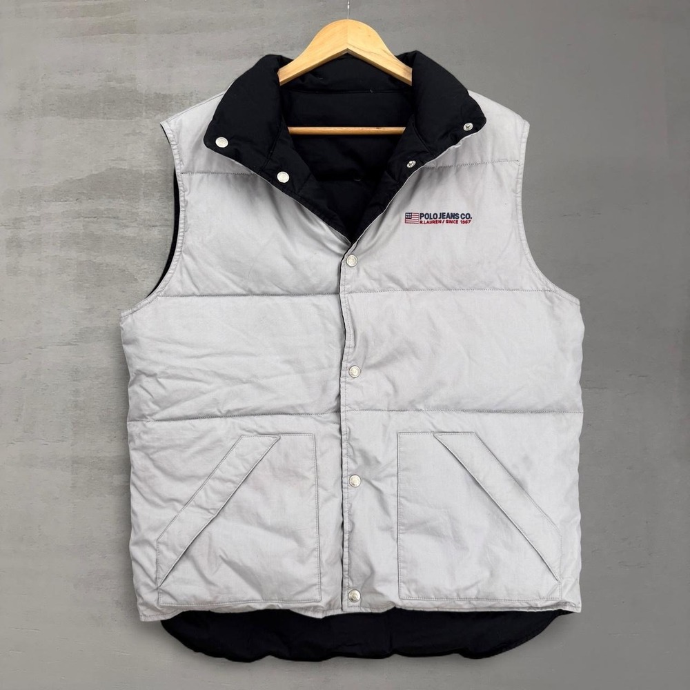 Vintage Polo Jeans Co Ralph Lauren Reversible Puffer Vest Grey Black Down Medium